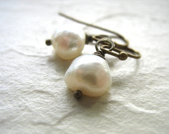 White Freshwater Pearl Earrings Antiqued Brass Jewelry Handmade in USA