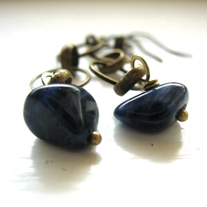 Blue Sodalite Gemstone Antiqued Brass Hoop Earrings Jewelry Handmade in USA image 2