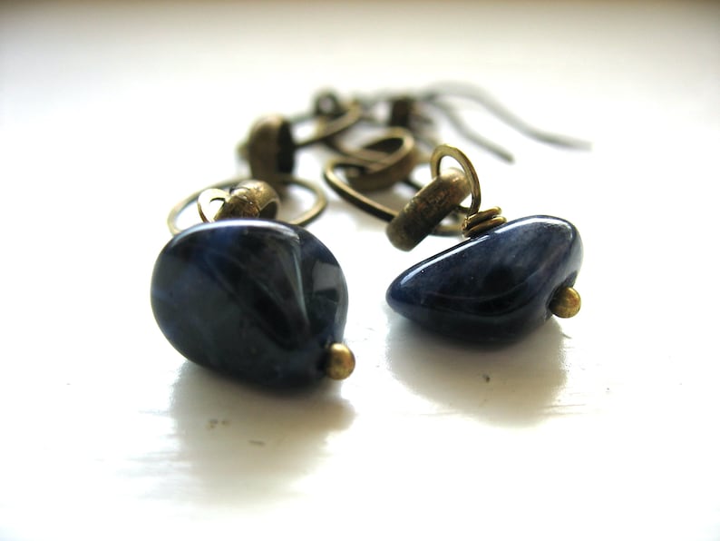 Blue Sodalite Gemstone Antiqued Brass Hoop Earrings Jewelry Handmade in USA image 2