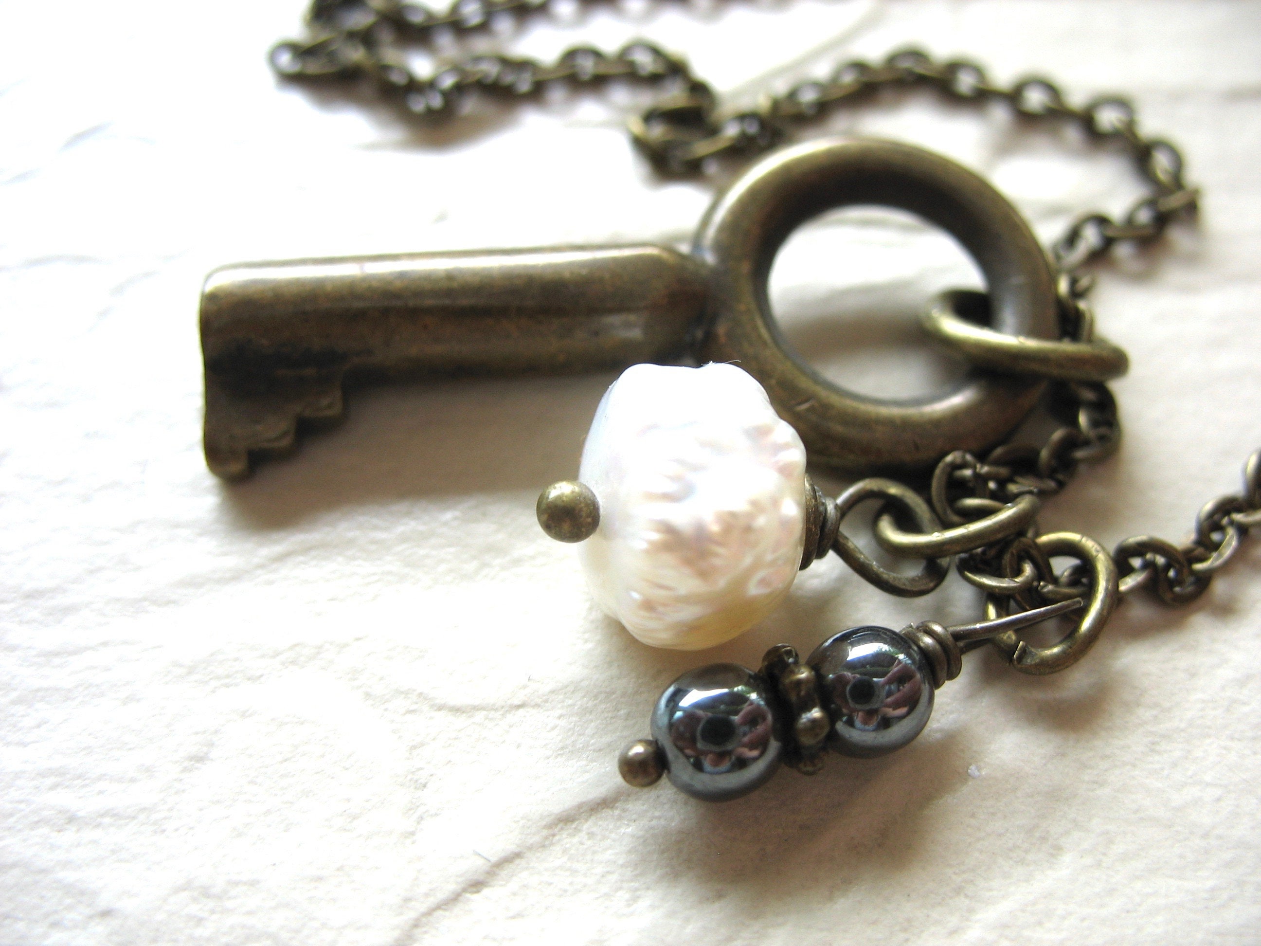 Skeleton Key Necklace Pearl Hematite Gemstone Chain Charm Etsy