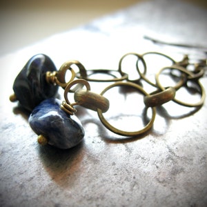 Blue Sodalite Gemstone Antiqued Brass Hoop Earrings Jewelry Handmade in USA image 4