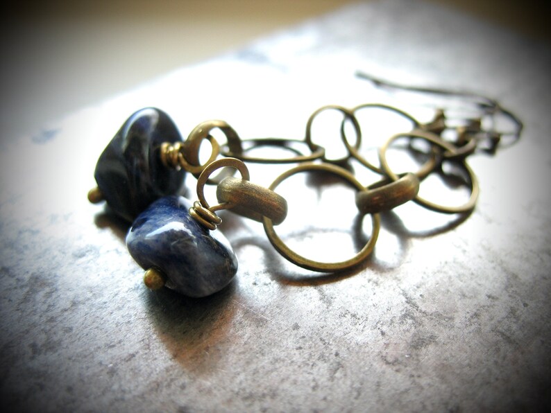 Blue Sodalite Gemstone Antiqued Brass Hoop Earrings Jewelry Handmade in USA image 4