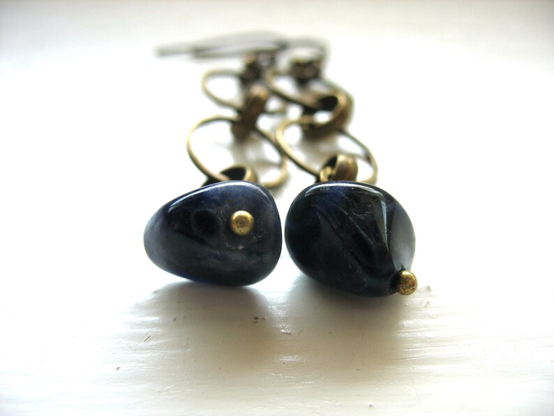 Blue Sodalite Gemstone Antiqued Brass Hoop Earrings Jewelry Handmade in USA image 5