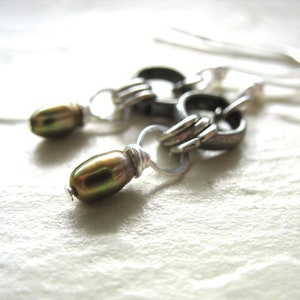 Pearl Earrings, Pea Green Pearl Oxidized Silver Hoop Dangle Drop Earrings, Handmade Artisan Jewelry, Pearl Earrings, Green Pearl Jewelry