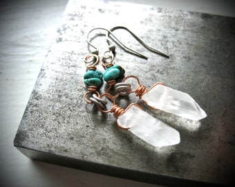 Turquoise Quartz Crystal Point Gemstone Silver Copper Earrings Jewelry Handmade in USA