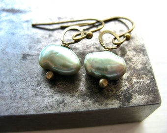 Green Freshwater Pearl Earrings Antiqued Brass Jewelry Handmade in USA