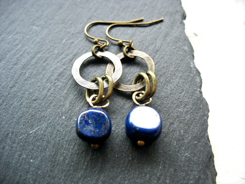 Lapis Lazuli Antiqued Brass Infinity Hoop Chandelier Dangle Drop Earrings, Handmade Artisan Gemstone Earrings, Lapis earrings image 4