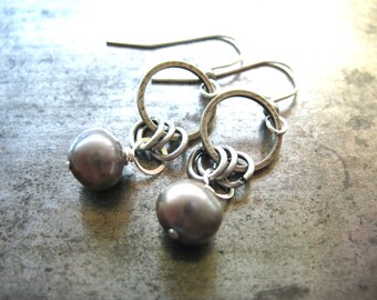 Peacock Freshwater Pearl Oxidized Silver Hoop Earrings Jewelry Handmade in USA