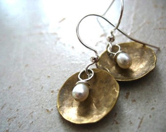 Pearl Earrings, Freshwater Pearl Dome Dangle Drop Earrings, Metalwork White Pearl Earrings, Pearl Jewelry, White Pearl Earrings