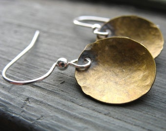 Dome Earrings, Handmade Brass Dome Full Circle Hammered Dangle Drop Earrings, Metalwork Earrings