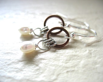 White Freshwater Pearl Copper Hoop Earrings Jewelry Made in USA