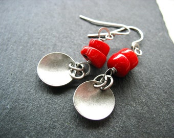 Bamboo Red Coral Oxidized Silver Metalwork Earrings Jewelry Made in USA