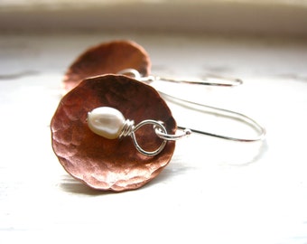 Pearl Earrings, Freshwater Pearl Copper Dome Dangle Drop Earrings, Metalwork White Pearl Earrings, Pearl Jewelry