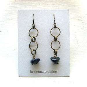Blue Sodalite Gemstone Antiqued Brass Hoop Earrings Jewelry Handmade in USA image 8
