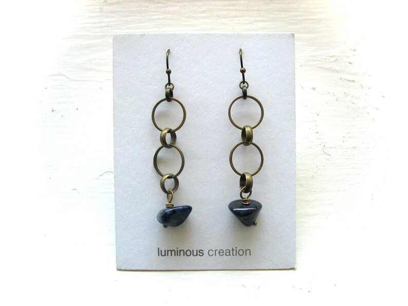 Blue Sodalite Gemstone Antiqued Brass Hoop Earrings Jewelry Handmade in USA image 8