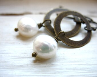 Pearl Earrings, White Pearl Antiqued Brass Hoop Dangle Drop Earrings, Pearl Handmade Artisan Earrings Jewelry