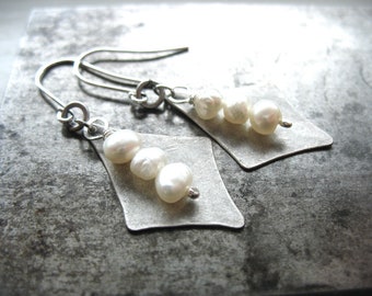 White Freshwater Pearl Silver Metalwork Earrings Jewelry Handmade in USA