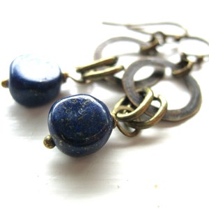 Lapis Lazuli Antiqued Brass Infinity Hoop Chandelier Dangle Drop Earrings, Handmade Artisan Gemstone Earrings, Lapis earrings image 5