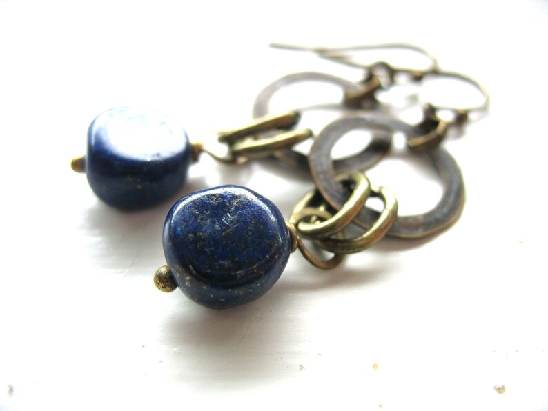 Lapis Lazuli Antiqued Brass Infinity Hoop Chandelier Dangle Drop Earrings, Handmade Artisan Gemstone Earrings, Lapis earrings image 5