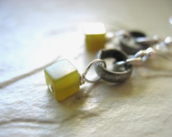 Serpentine Earrings, Lime Green Serpentine Stone Earrings, handmade metalwork stone earrings