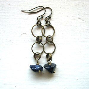 Blue Sodalite Gemstone Antiqued Brass Hoop Earrings Jewelry Handmade in USA image 3