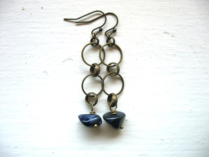 Blue Sodalite Gemstone Antiqued Brass Hoop Earrings Jewelry Handmade in USA image 3