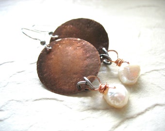 Pearl Earrings, White Pearl Copper Earrings, Handmade Pearl Earrings,Pearl Jewelry, Freshwater Pearl Jewelry, Copper Pearl Jewelry