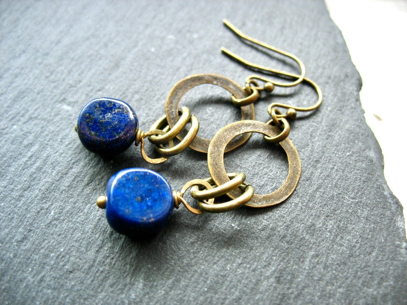 Lapis Lazuli Antiqued Brass Infinity Hoop Chandelier Dangle Drop Earrings, Handmade Artisan Gemstone Earrings, Lapis earrings image 1