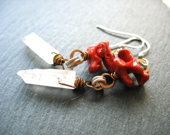 Quartz Earrings, Quartz Crystal Earrings, Gemstone Earrings, Red Coral Jewelry, Quartz Crystal Jewelry, Handmade Earrings, Stone Earrings