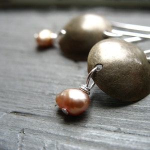 Pearl Earrings, Metalwork Earrings, Peach Pearl Dangle Drop Earrings, Handmade Earrings, Pearl Earrings image 3