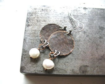 White Freshwater Pearl Oxidized Copper Disk Metalwork Earrings Jewelry Handmade in USA