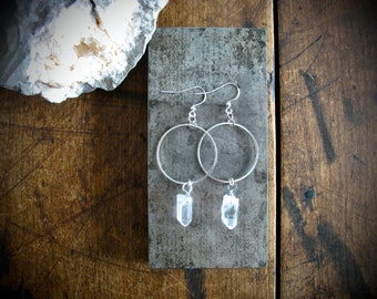 Quartz Earrings, Quartz Crystal Point Silver Hoop Earrings, Handmade Artisan Gemstone Dangle Drop Earrings, Gemstone Jewelry