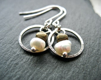 White Freshwater Pearl Silver Hoop Antiqued Brass Earrings Jewelry Handmade in USA