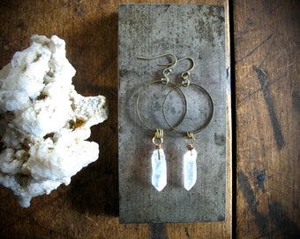 Crystal Earrings, Quartz Crystal Point Hoop Chandelier Dangle Drop Earrings, Gemstone Jewelry, Hoop Earrings, Gemstone Jewelry