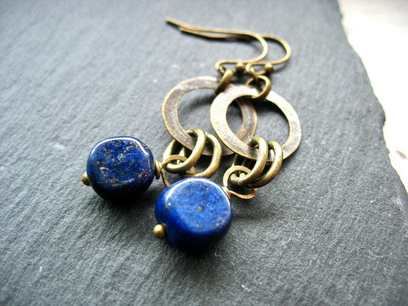 Lapis Lazuli Antiqued Brass Infinity Hoop Chandelier Dangle Drop Earrings, Handmade Artisan Gemstone Earrings, Lapis earrings image 3