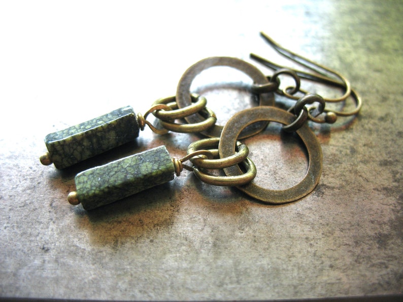 Serpentine Gemstone Metalwork Antiqued Brass Hoop Earrings Handmade in USA image 1