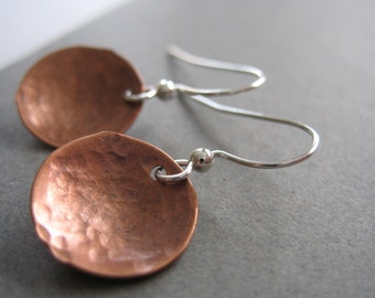 Copper Earrings, Copper Dome Hammered Earrings, Handmade Metalwork Copper Earrings Jewelry