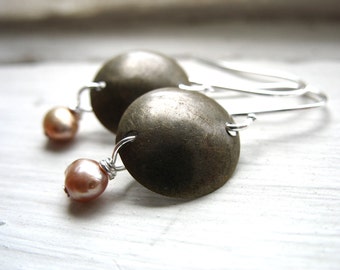 Pearl Earrings, Metalwork Earrings, Peach Pearl Dangle Drop Earrings, Handmade Earrings, Pearl Earrings