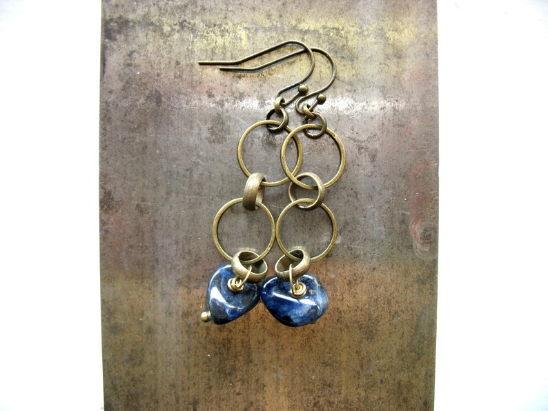 Blue Sodalite Gemstone Antiqued Brass Hoop Earrings Jewelry Handmade in USA image 6