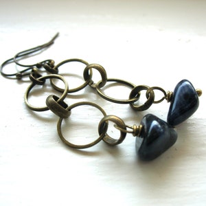 Blue Sodalite Gemstone Antiqued Brass Hoop Earrings Jewelry Handmade in USA image 7