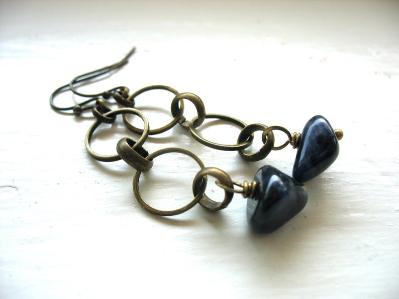 Blue Sodalite Gemstone Antiqued Brass Hoop Earrings Jewelry Handmade in USA image 7