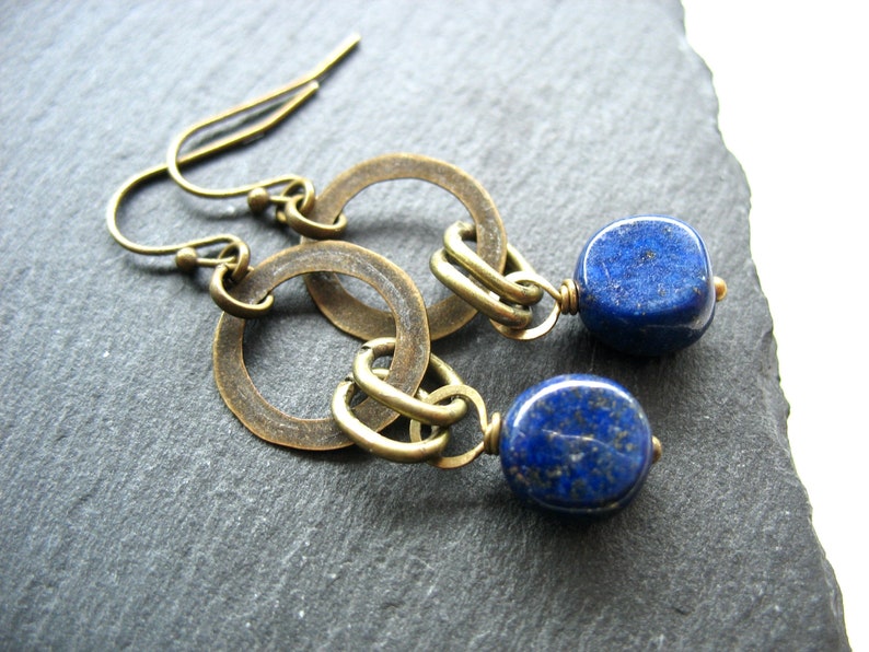 Lapis Lazuli Antiqued Brass Infinity Hoop Chandelier Dangle Drop Earrings, Handmade Artisan Gemstone Earrings, Lapis earrings image 2