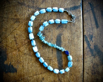 Aquamarine Apatite Lapis Lazuli Oxidized Silver Gemstone Beaded Necklace Handmade Jewelry Made in the USA