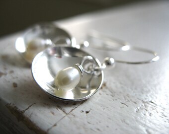 Pearl Earrings, Handmade Pearl Earrings, Pearl Dome Bright Silver Disk Earrings, Metalwork Earrings, Dangle Drop Earrings