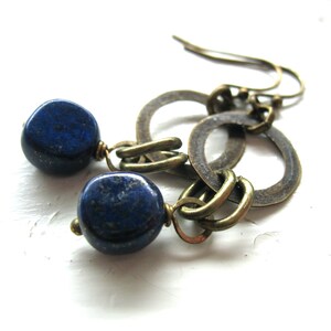 Lapis Lazuli Antiqued Brass Infinity Hoop Chandelier Dangle Drop Earrings, Handmade Artisan Gemstone Earrings, Lapis earrings image 9