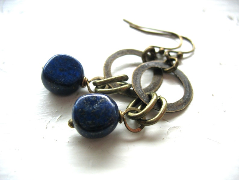 Lapis Lazuli Antiqued Brass Infinity Hoop Chandelier Dangle Drop Earrings, Handmade Artisan Gemstone Earrings, Lapis earrings image 9