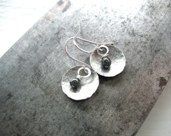 Hematite Gemstone Silver Dome Metalwork Earrings Jewelry Handmade in USA