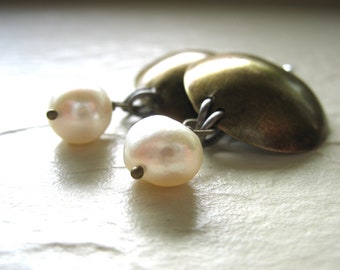 Pearl Earrings, White Pearl Antiqued Brass Dome Dangle Drop Earrings, Pearl Earrings, Metalwork Earrings, Handmade Artisan, Pearl Jewelry
