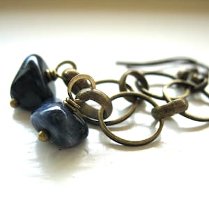 Blue Sodalite Gemstone Antiqued Brass Hoop Earrings Jewelry Handmade in USA image 1