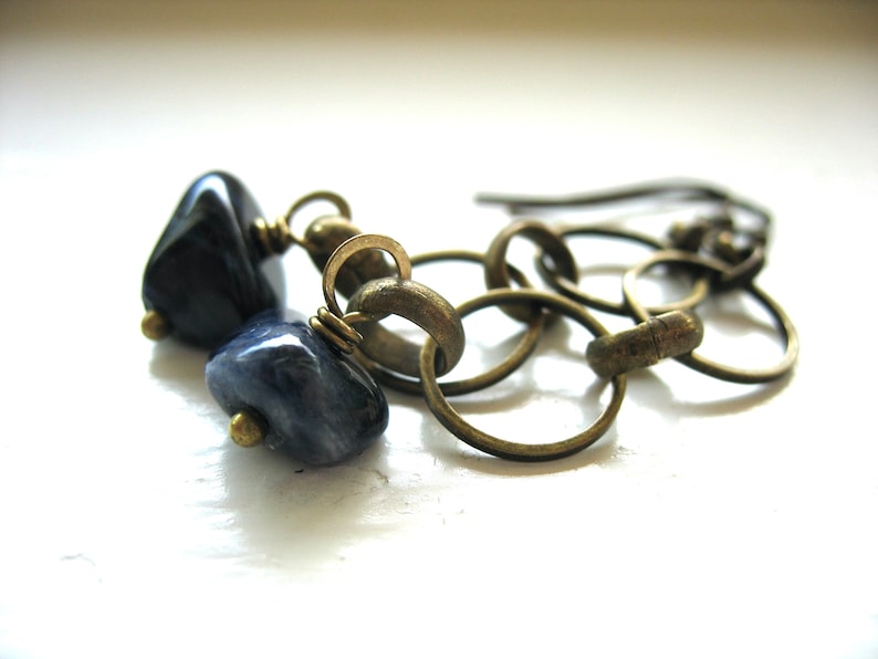 Blue Sodalite Gemstone Antiqued Brass Hoop Earrings Jewelry Handmade in USA image 1